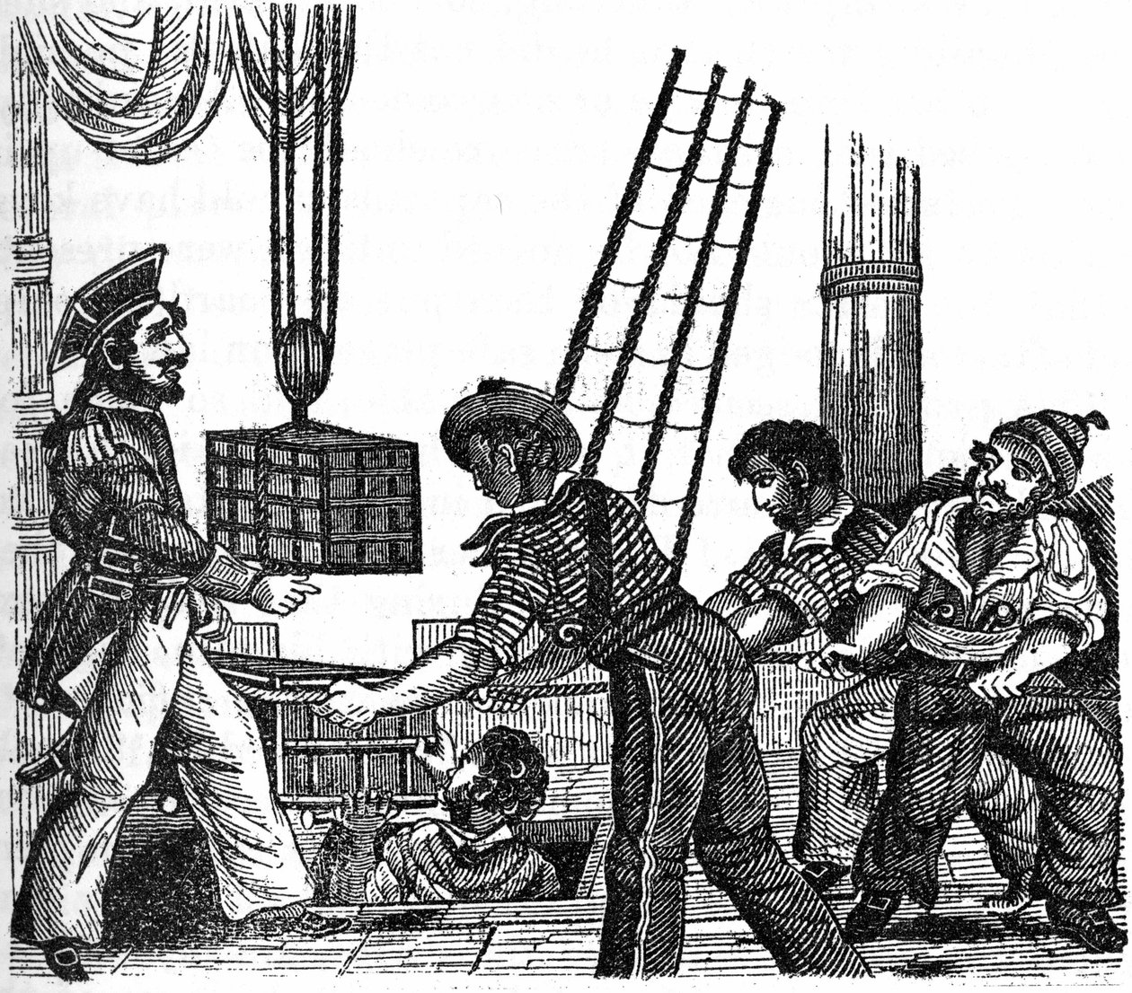 Le pirate « Long Ben » John Avery (mort en 1643) charge trois caisses de trésor (or et pierres) sur son navire. Gravure de « Le livre du pirate » 1837. - Anonymous Anonymous