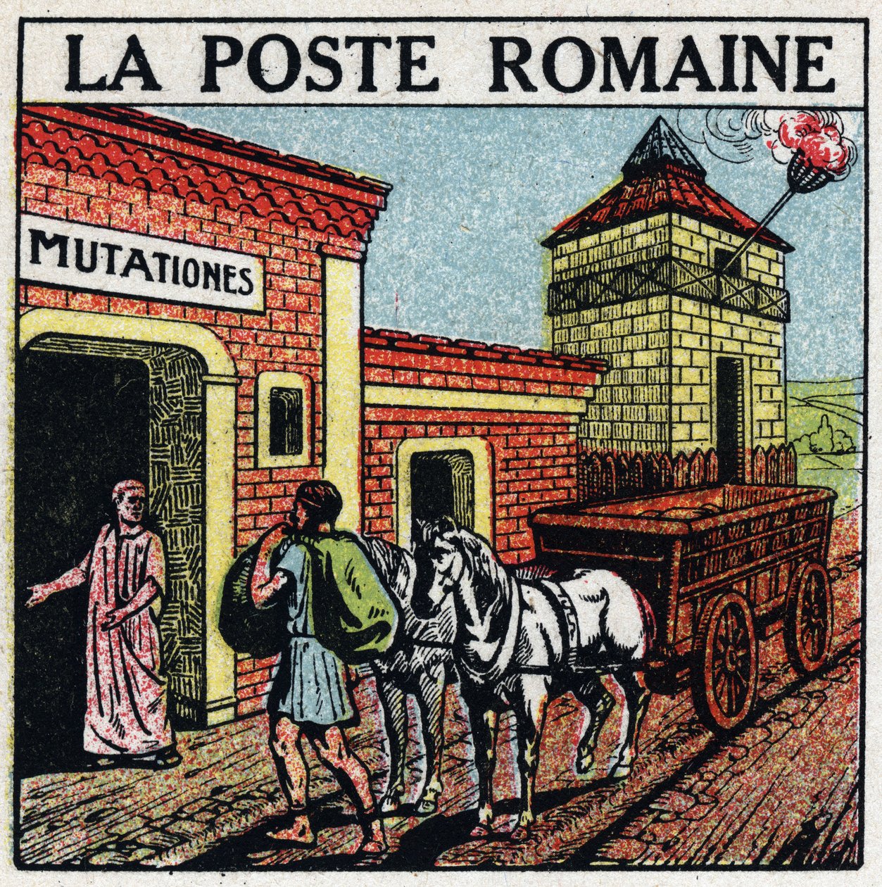 La poste : la poste romaine. Une "mutationes", un endroit où les chevaux utilisés pour le service postal pouvaient être loués appelé "curriculum publicus". Illustration anonyme de 1925. Collection privée. - Anonymous Anonymous