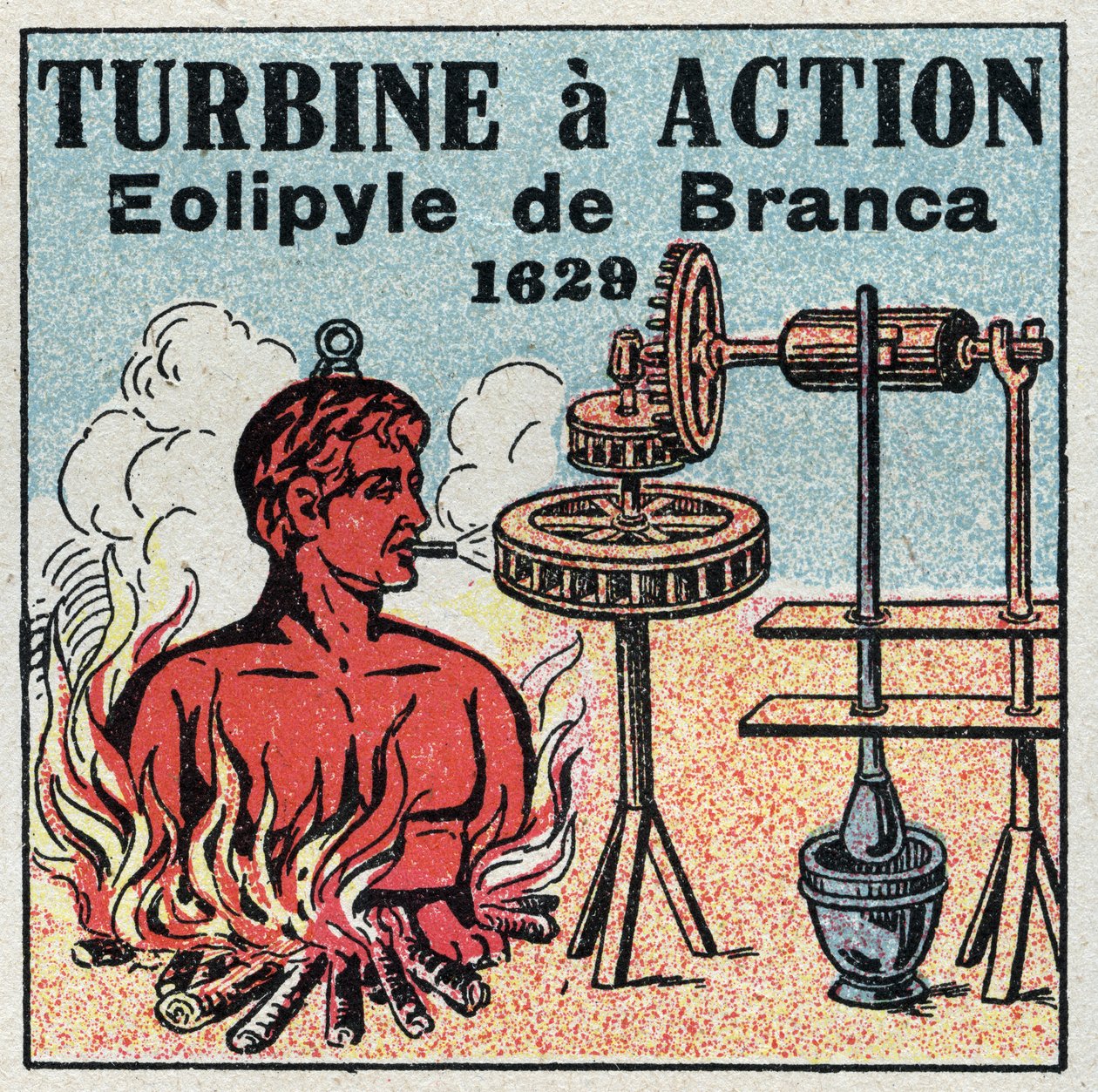 La machine à vapeur : turbine à action. Éolipyle inventée par Giovanni Branca (1571-1645) en 1629. Illustration anonyme de 1925. Collection privée. - Anonymous Anonymous