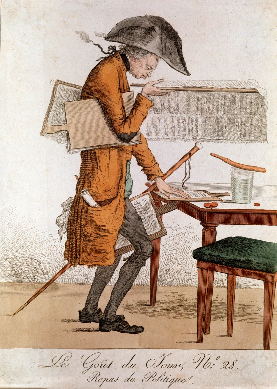 Le goût du jour : Caricature politique déjeuner sur le travail du journaliste (gravure fin 18e siècle début 19e siècle, collection privée) - Anonymous Anonymous