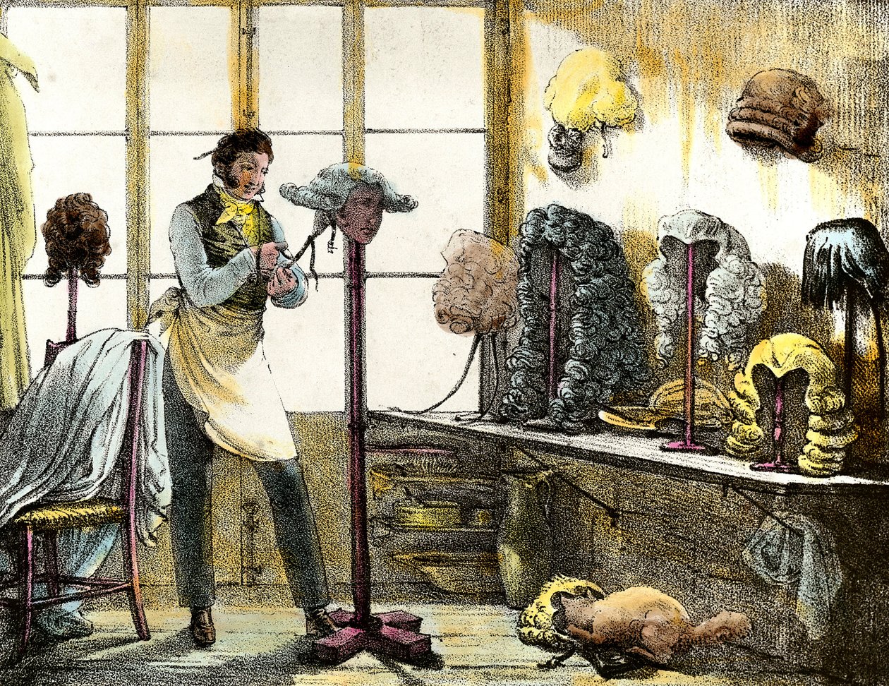 Le perruquier coiffant une perruque de catogan, coiffeur pour hommes. Gravure de Mirror shows, letters, meds, etc. The arts 1821-1823 Collection privée - Anonymous Anonymous