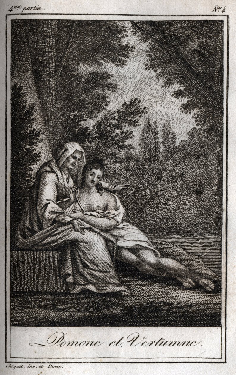 Vertumne et Pomone (Jupiter et Cérès) : Vertumne, amoureux de la nymphe Pomone, se déguise en vieille femme pour l