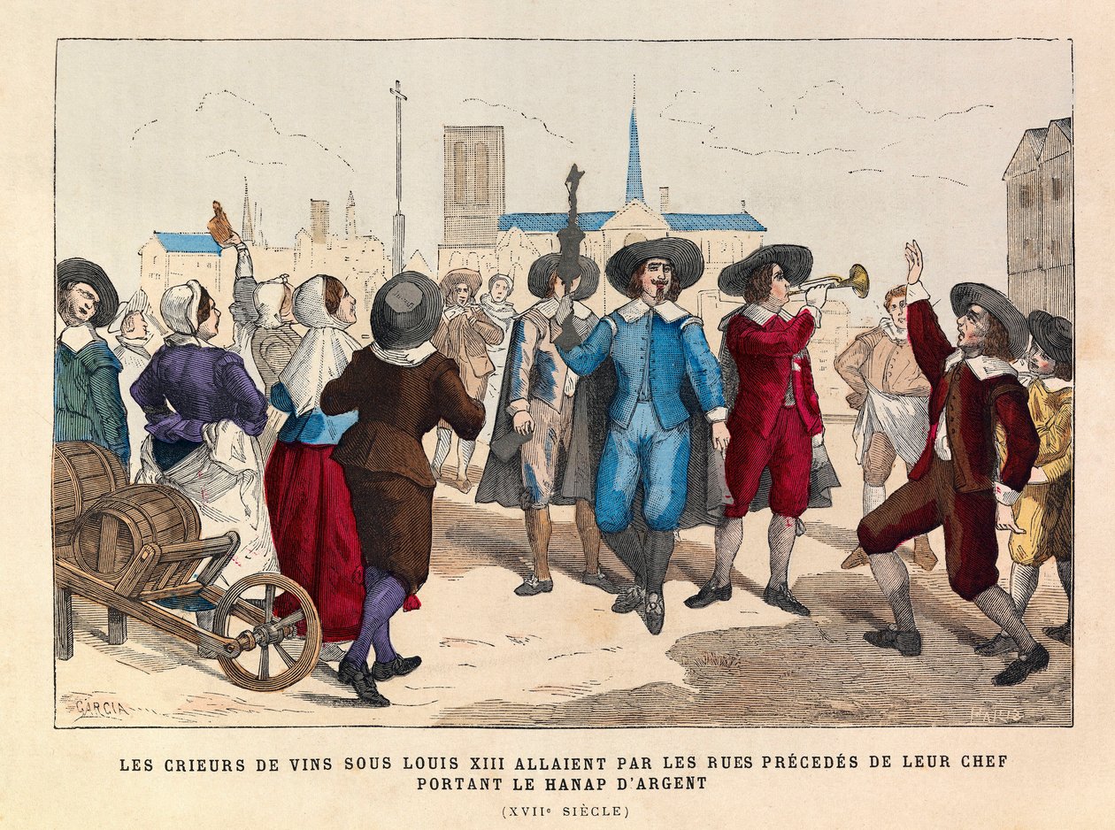 Vendeurs de vin à Paris sous Louis XIII parcourant les rues précédés de leur chef portant le hanap d