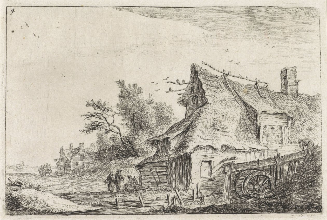 Vue de village avec un moulin à eau (Landschappen met bebouwing) - Anthonie Waterloo