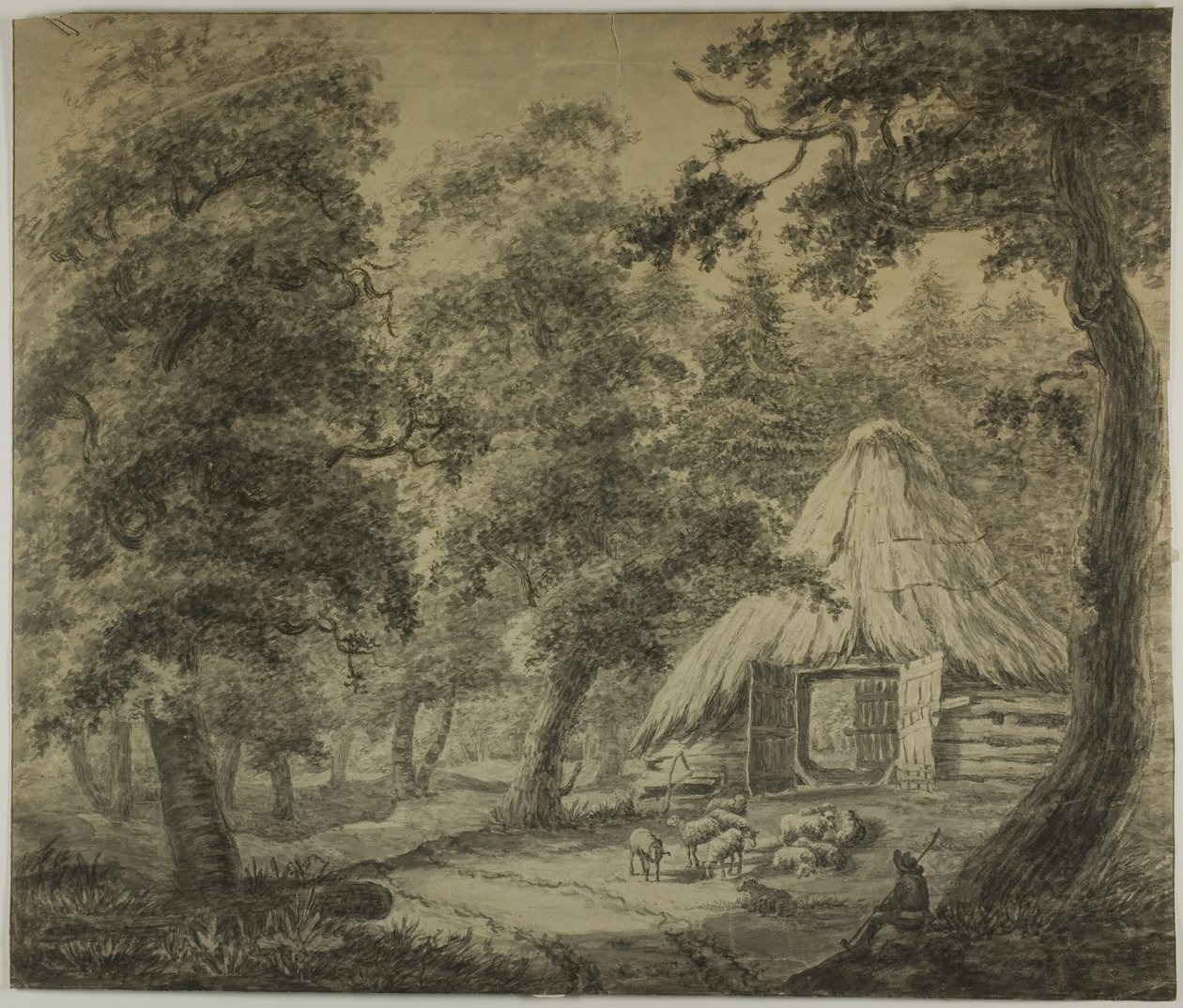 Cabane en chaume dans les bois avec berger et moutons - Anthonie Waterloo