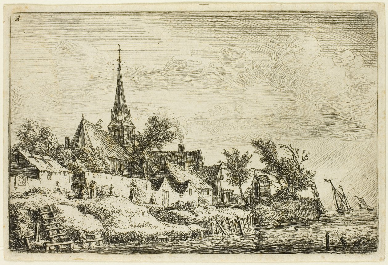 Le clocher du village au bord de la mer - Anthonie Waterloo