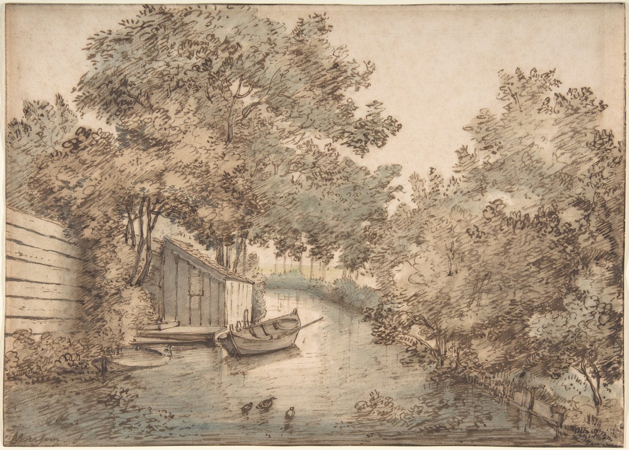 Canal avec un bateau et des canards - Anthonie van Borssom