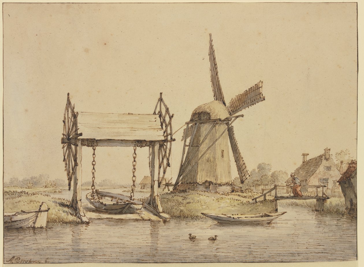 Paysage avec ascenseur à bateaux et moulin - Anthonie van Borssom