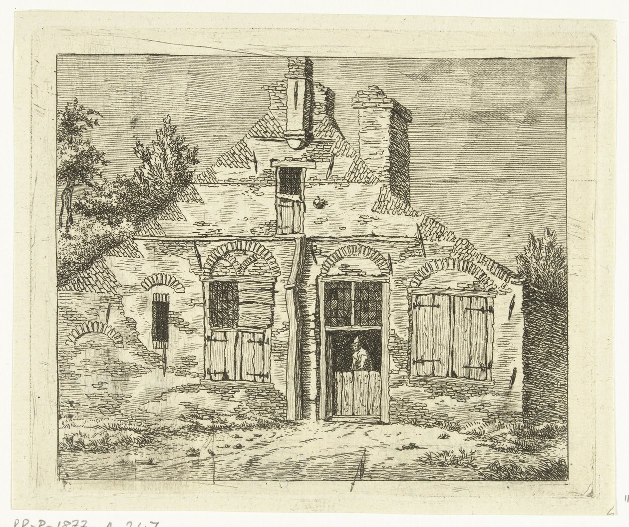 Homme dans une vieille maison, regardant dehors par la porte - Anthonie van den Bos