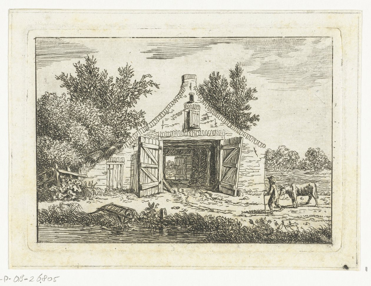 Homme avec une vache devant une grange près de Hattem - Anthonie van den Bos