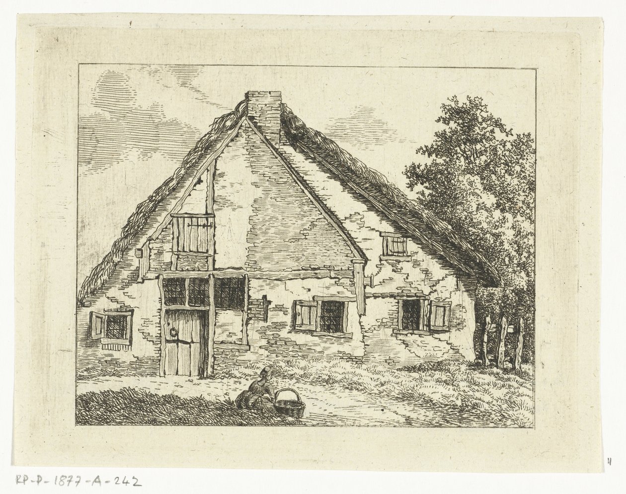 Femme avec un panier assise devant une maison - Anthonie van den Bos