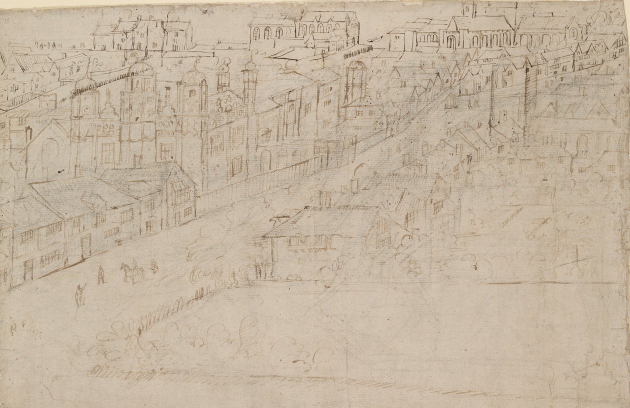 Panorama de Londres vu de Southwark : Borough High Street avec St Mary Overy - Anthonis van den Wyngaerde