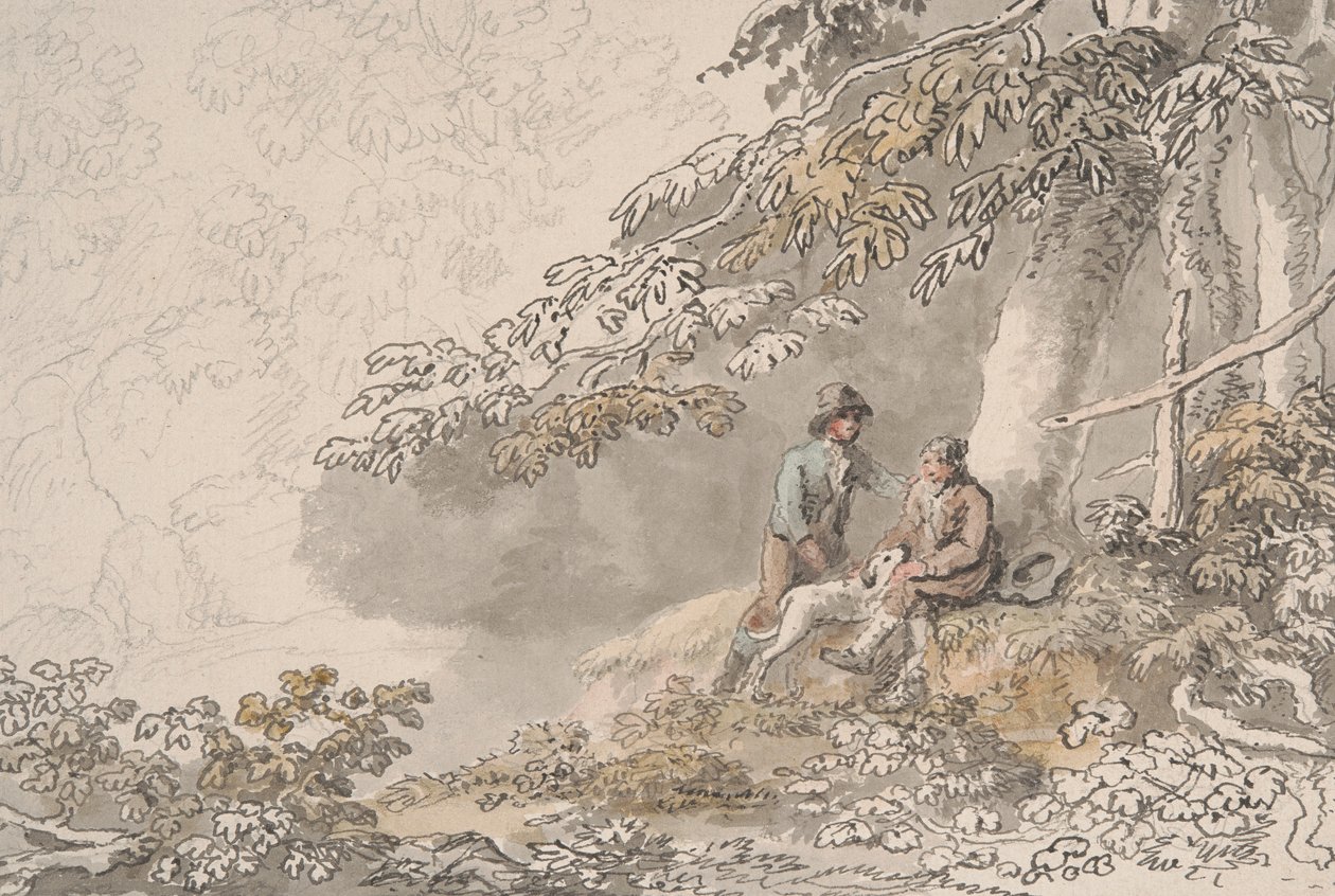 Deux garçons et un chien dans un bois - Anthony Devis