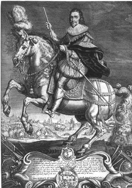 Portrait équestre de George Villiers, 1er duc de Buckingham, gravé par Willem de Passe - Anthony van (after) Dyck
