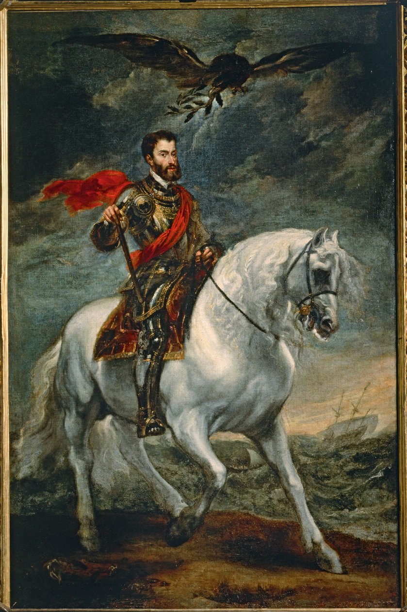 Charles Quint à cheval (peinture sur bois) - Anthony van Dyck