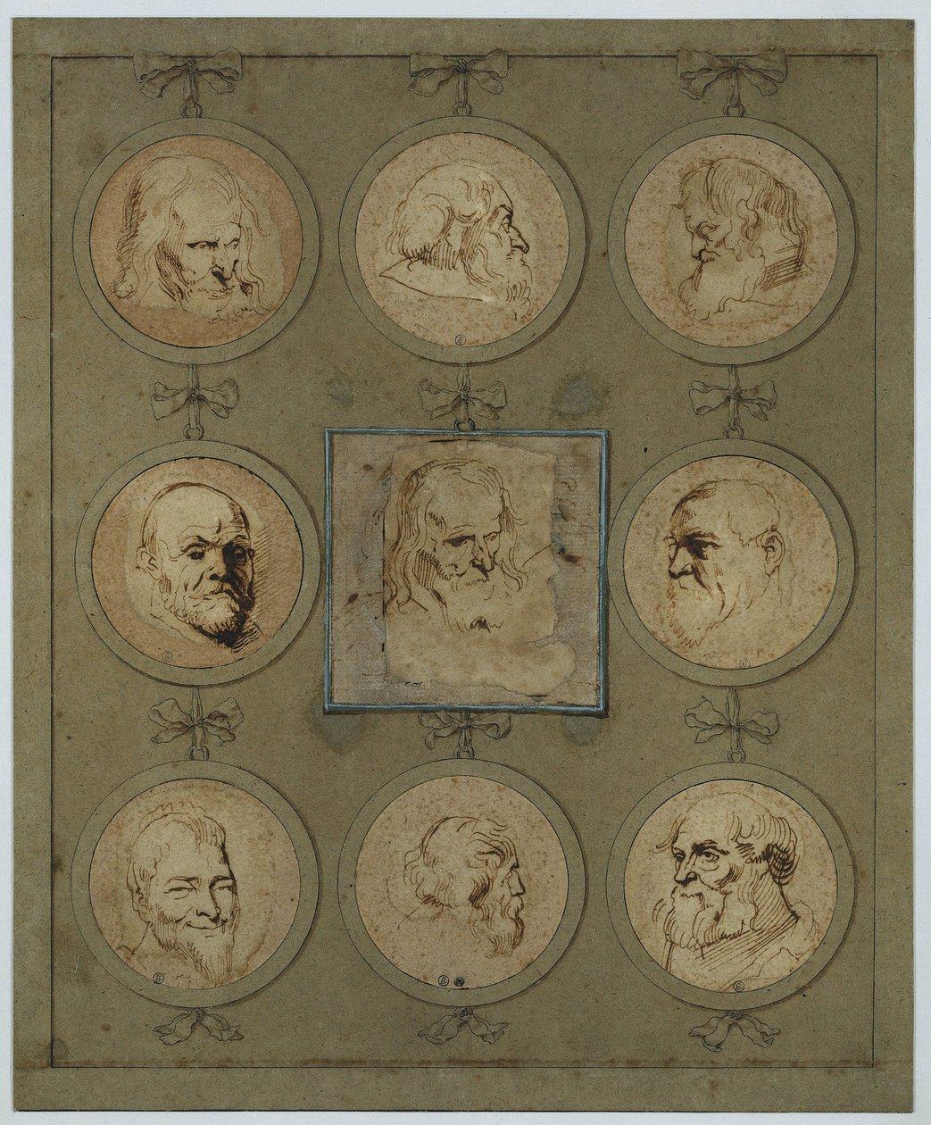 Feuille de recueil avec neuf têtes d