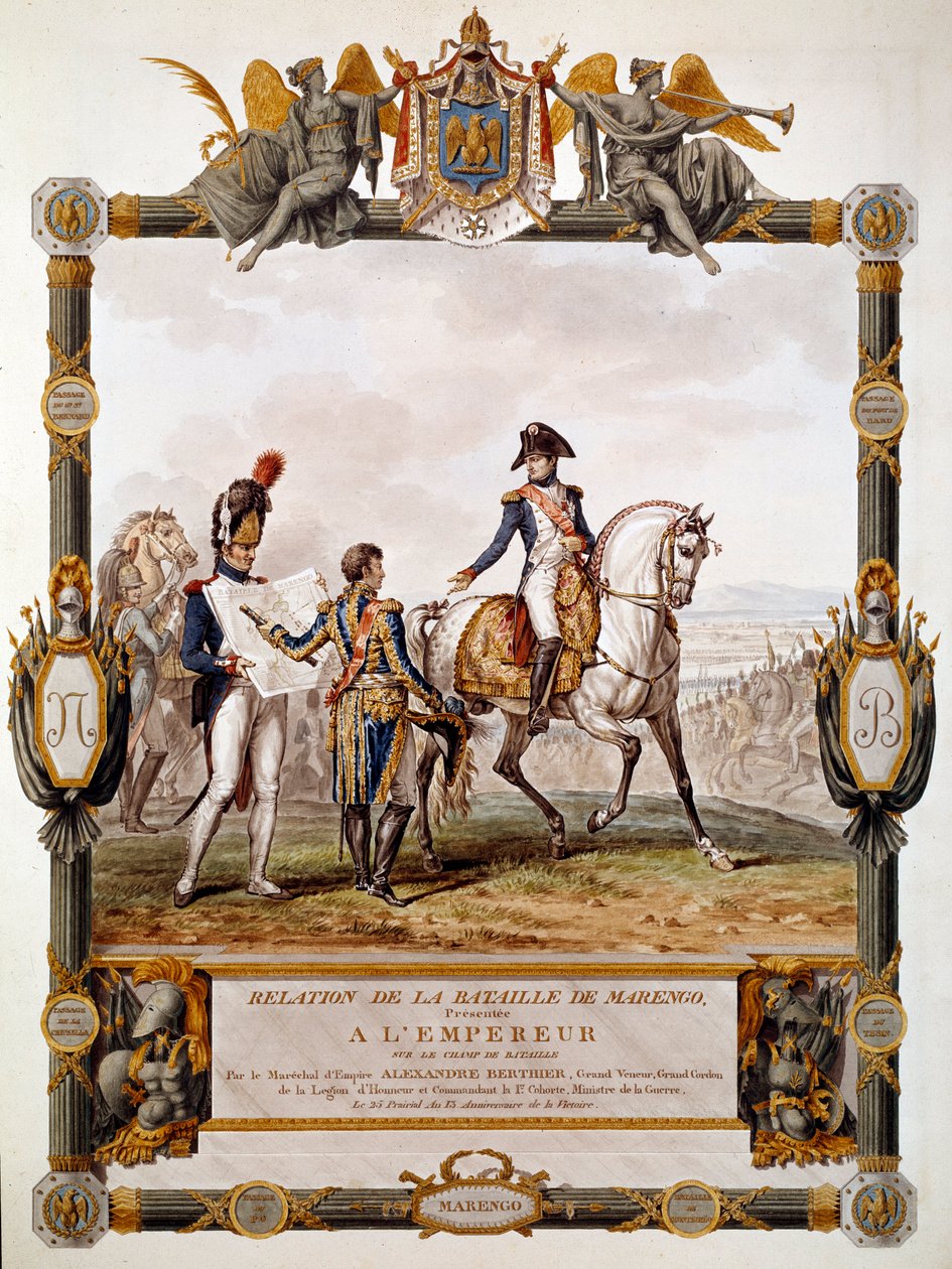 Frontispice du rapport de la bataille de Marengo le 14 juin 1800 : Le maréchal Berthier montre la stratégie de bataille à Napoléon Ier - Antoine Charles Horace Vernet