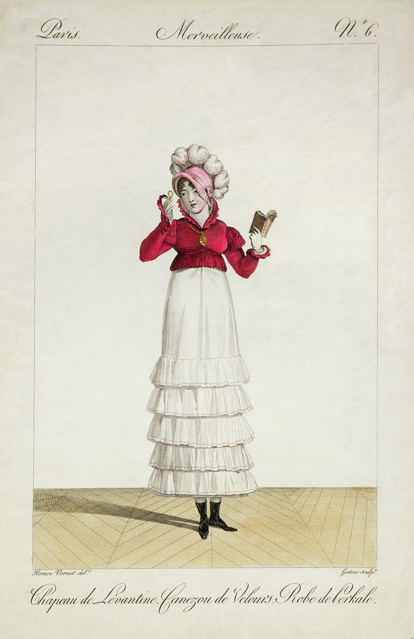 Une dame avec un chapeau levantin, une jupe à étages et une veste en velours, planche 6 de la série 