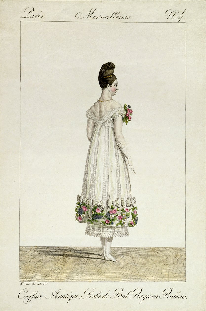 Une dame avec une coiffure asiatique en robe de bal ornée de rubans, planche 4 de la série de modes 