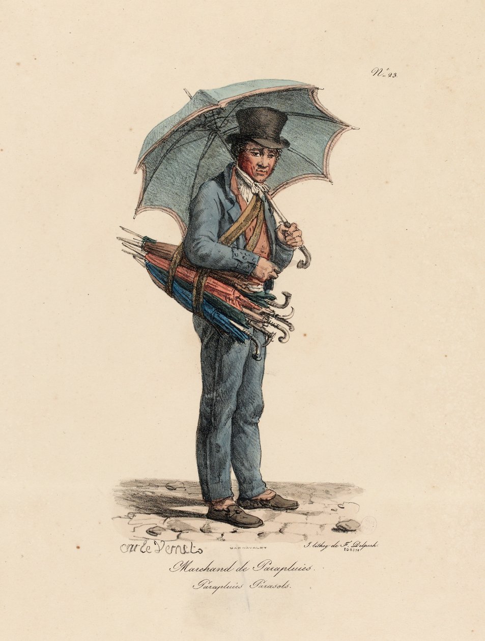 Le Vendeur de Parapluies et Ombrelles, numéro 23 de la série Les Cris de Paris, gravé par François Séraphin Delpech - Antoine Charles Horace Vernet