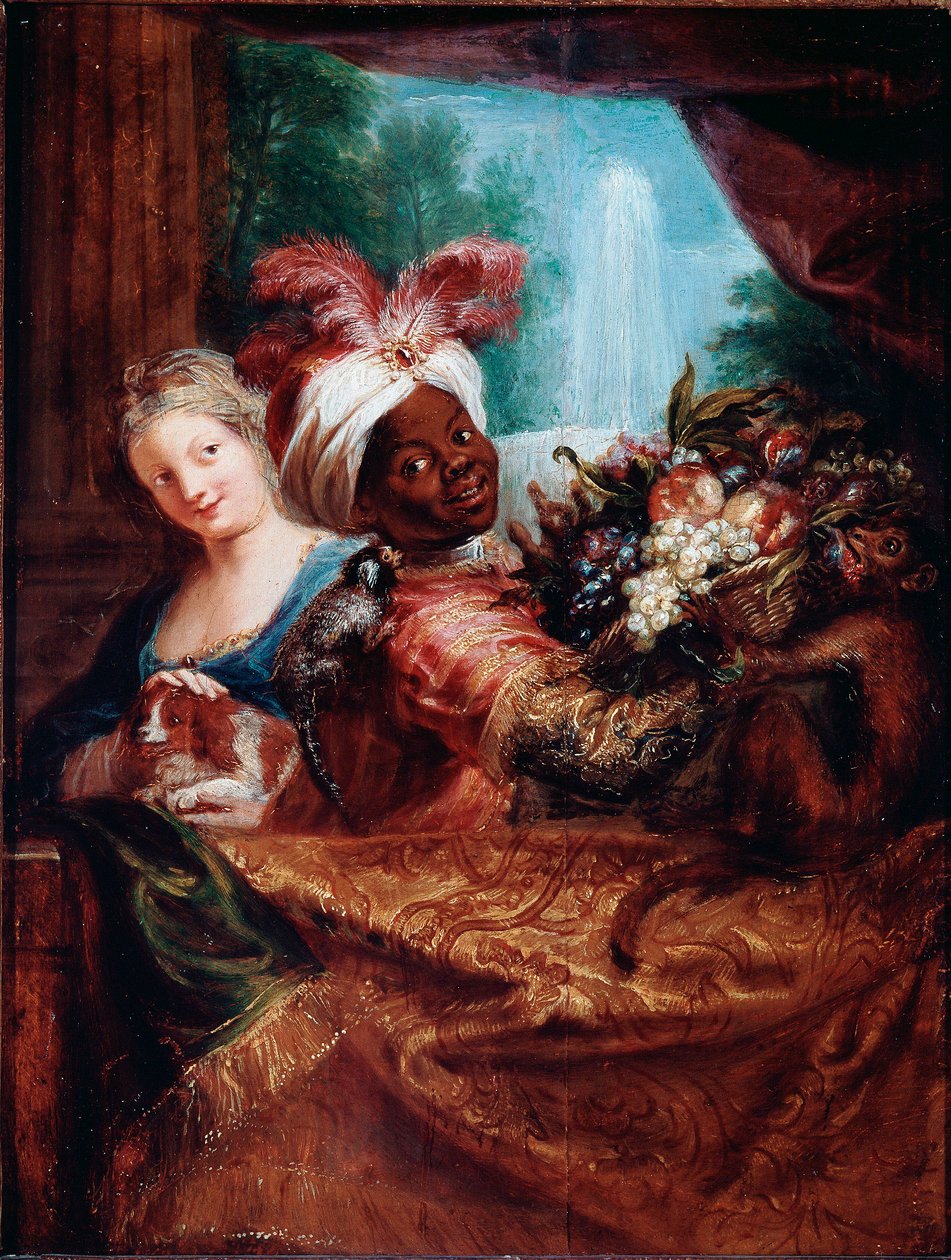 Jeune fille caressant un chien et serviteur noir présentant un panier de fruits Un petit singe est posé sur son épaule - Antoine Coypel
