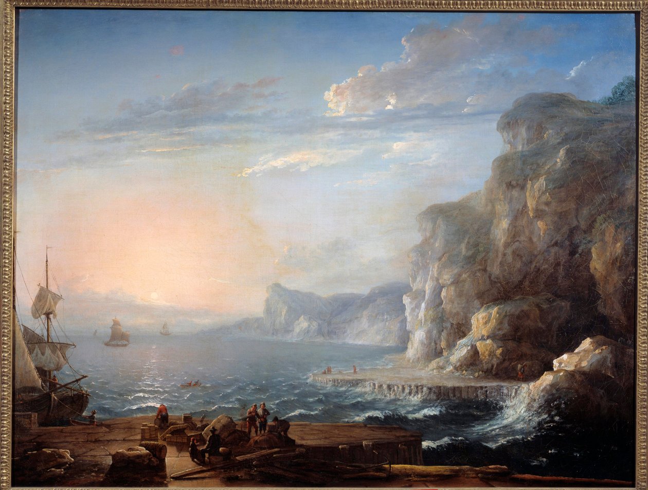 Coucher de soleil. Un paysage de falaises et de rochers sur la mer, avec des pêcheurs au premier plan - Antoine Lebel
