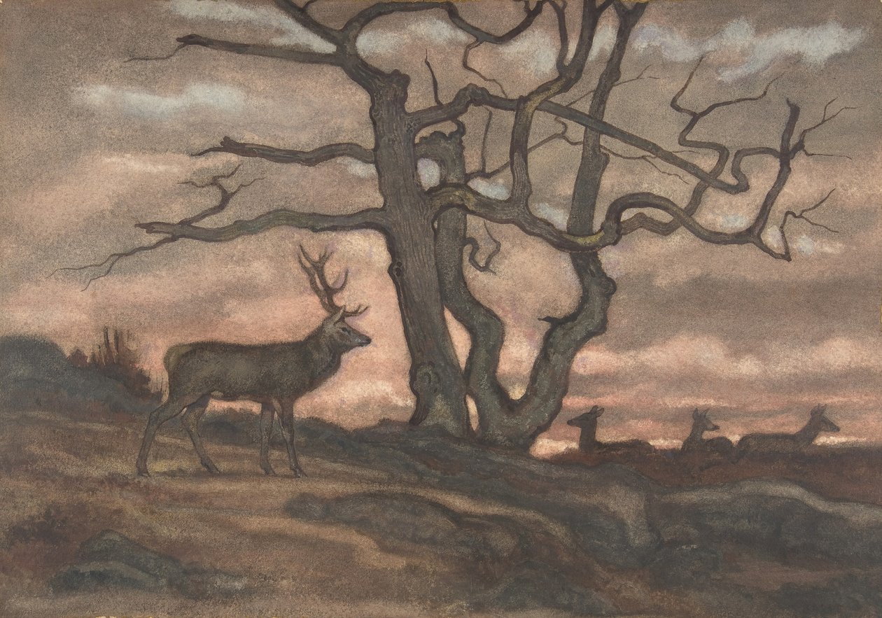 Cerf et arbre contre le coucher du soleil - Antoine Louis Barye