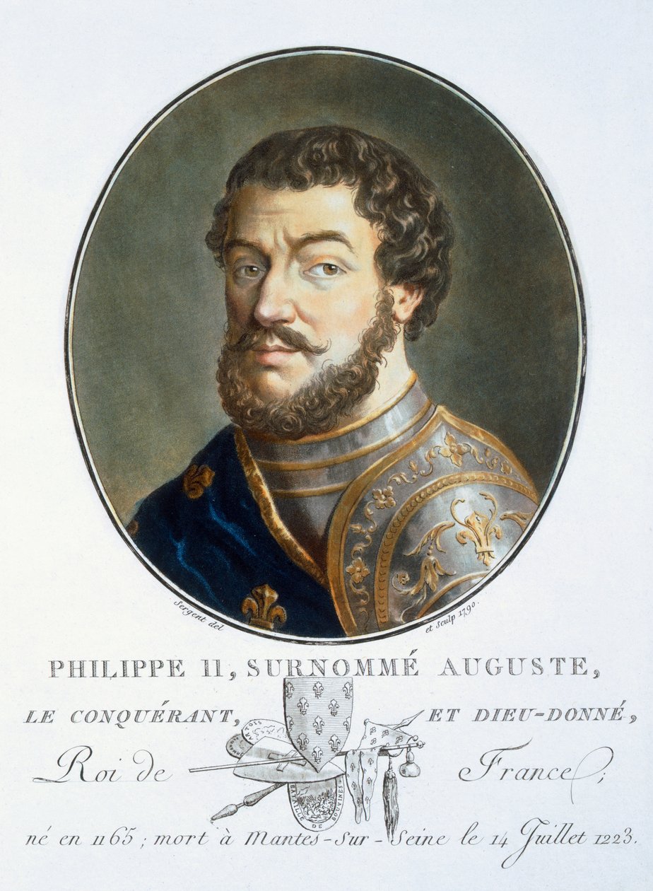 Philippe II Auguste, de Portraits des grands hommes, femmes illustres, et sujets mémorables de France, gravé et imprimé en couleurs, publié par Pierre Blin, 1786-92, Paris - Antoine Louis Francois Sergent-Marceau