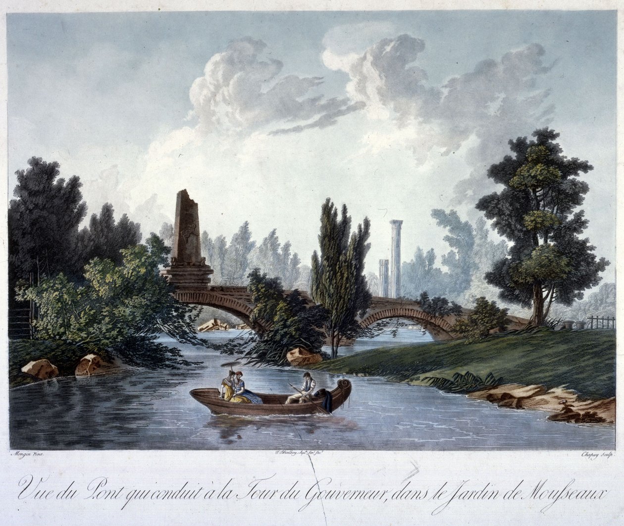 Pont vers la Tour du Gouverneur dans le Parc Monceau, gravé par Chapuy - Antoine Pierre after Mongin