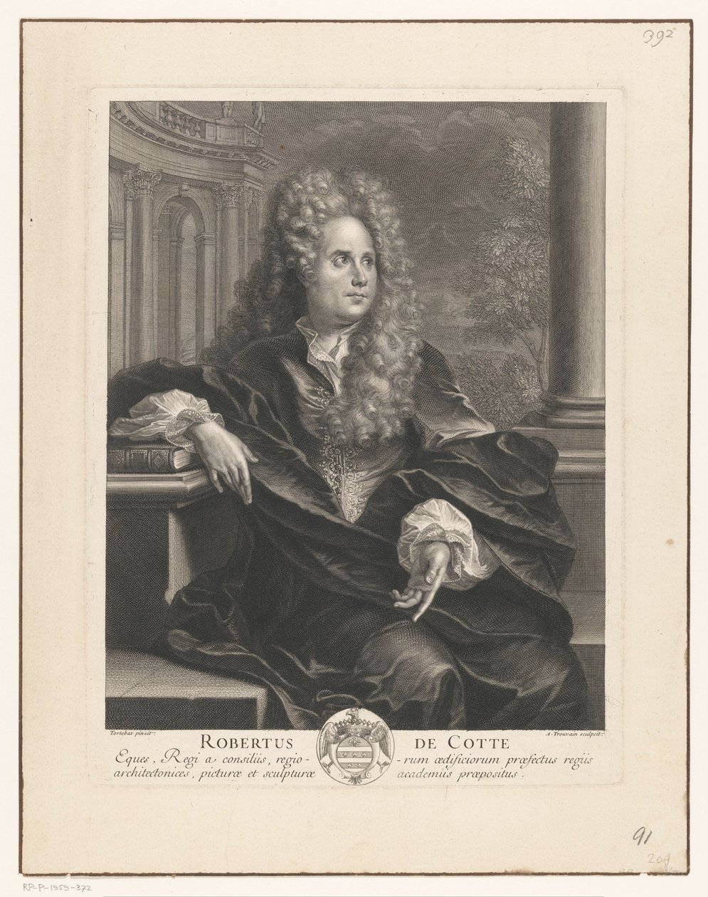 Portrait de Robert de Cotte, appuyé sur un livre dans une architecture classique - Antoine Trouvain