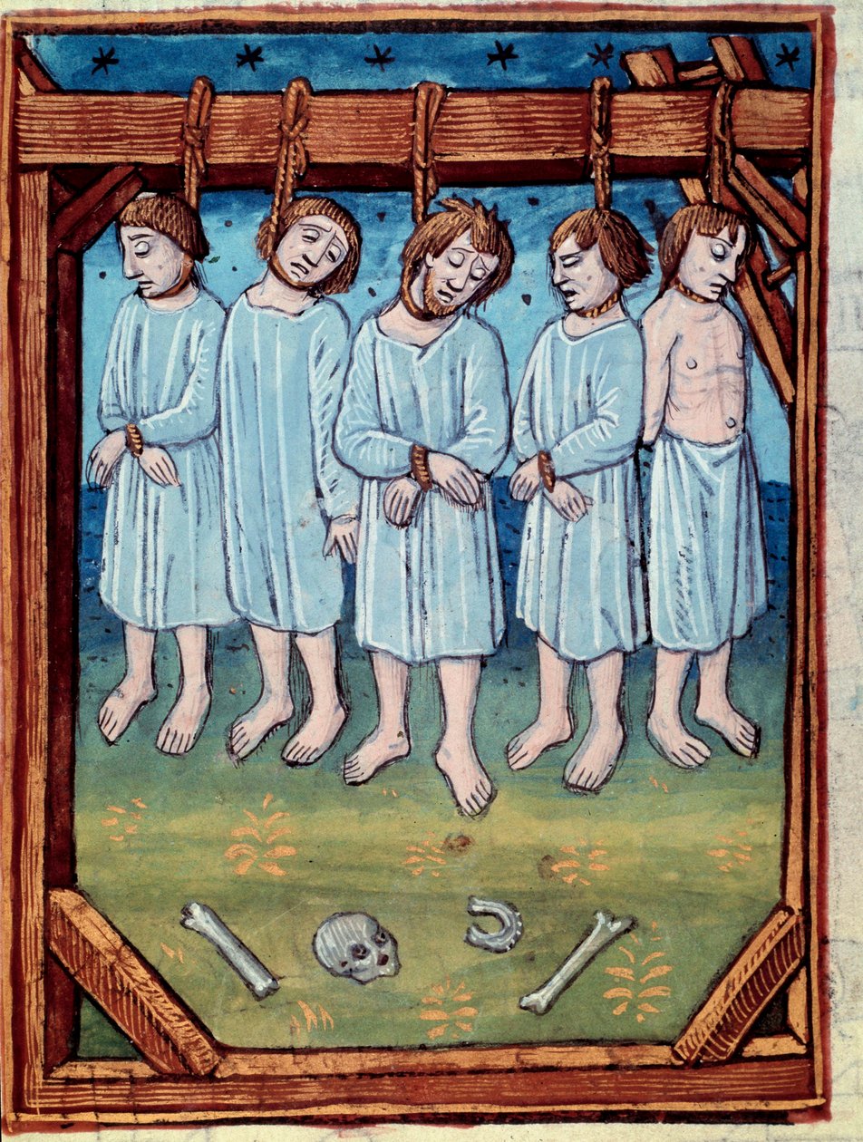 Cinq hommes pendus. Miniature dans les "chroniques de Saint Denis" Paris, Antoine Verard - Antoine Verard