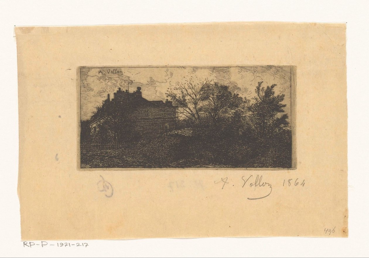 Paysage avec maisons derrière une clôture et arbres au premier plan - Antoine Vollon (signed by artist)
