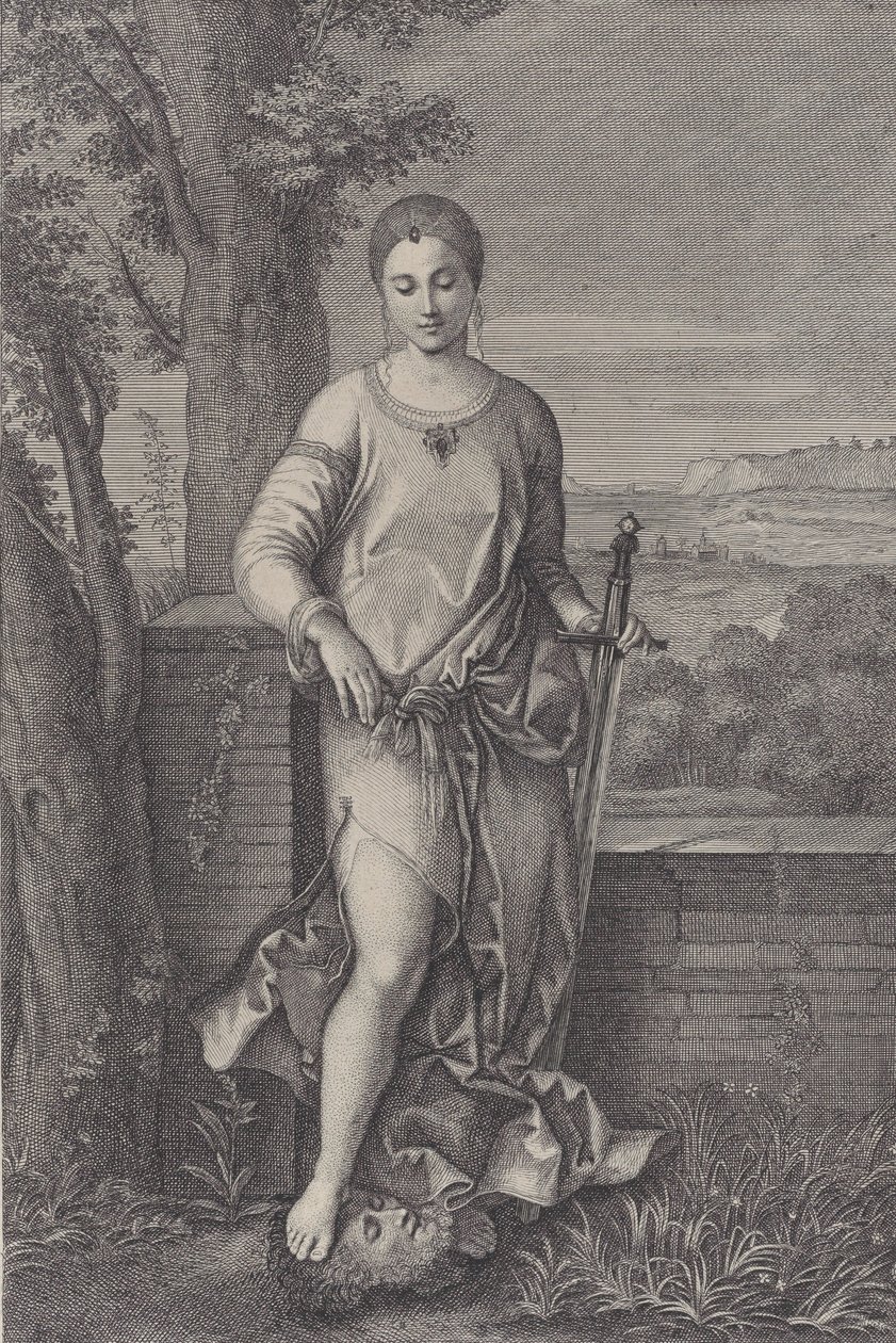 Judith debout avec son pied sur la tête d