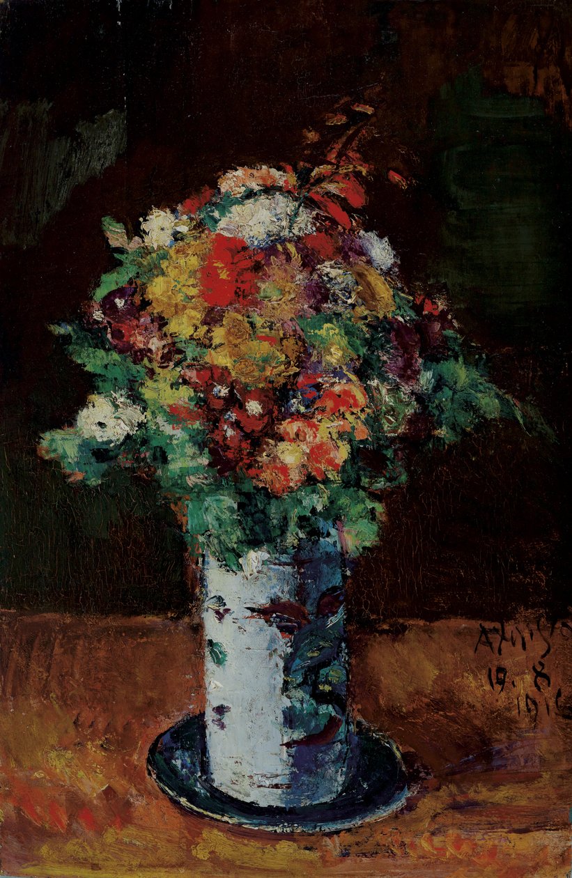Bouquet de fleurs dans une cruche sur une assiette - Anton Faistauer