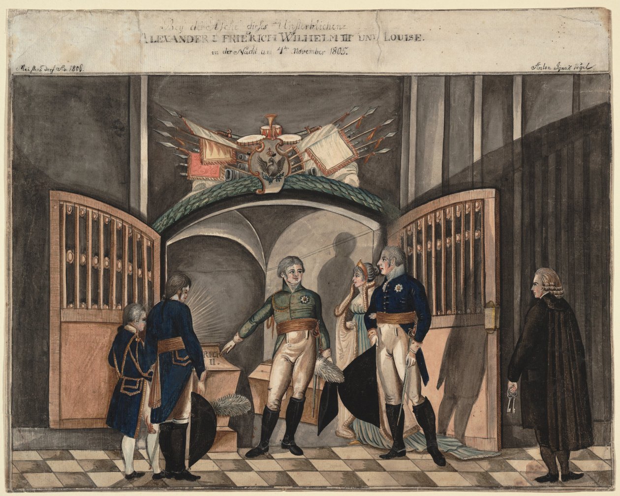 Près des cendres de Frédéric le Grand. Tsar Alexandre Ier, Roi Frédéric-Guillaume III et Louise de Prusse - Anton Ignaz Vogel