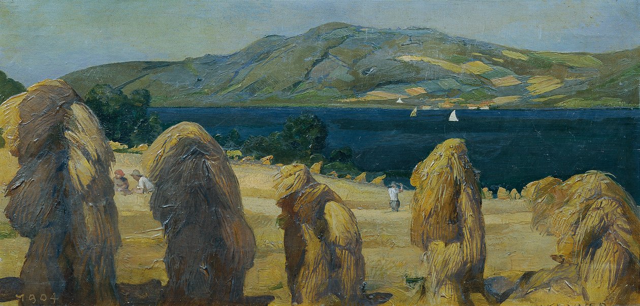 Paysage du lac Attersee avec des gerbes de céréales - Anton Josef von Kenner