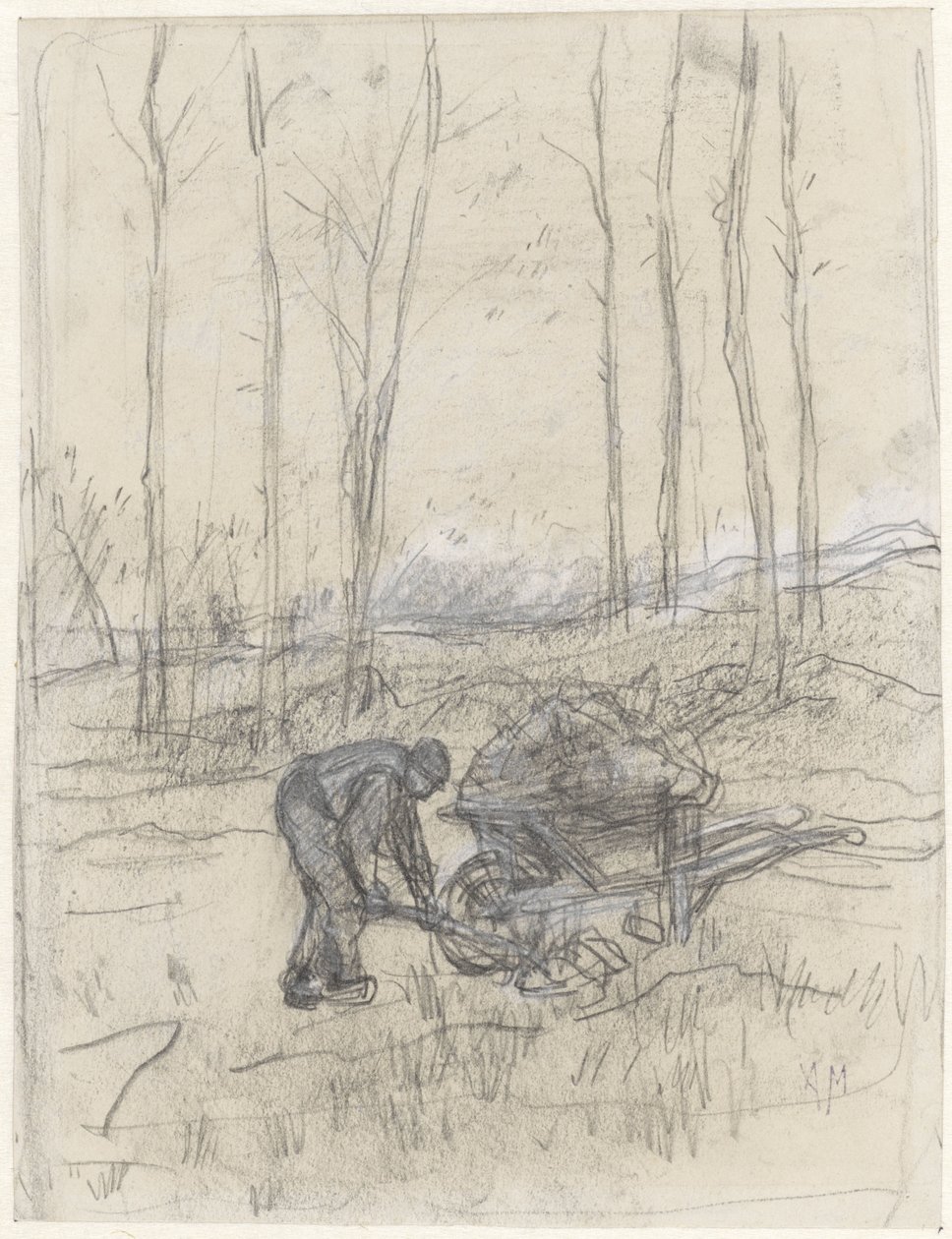 Paysans travaillant avec une brouette dans la forêt - Anton Mauve