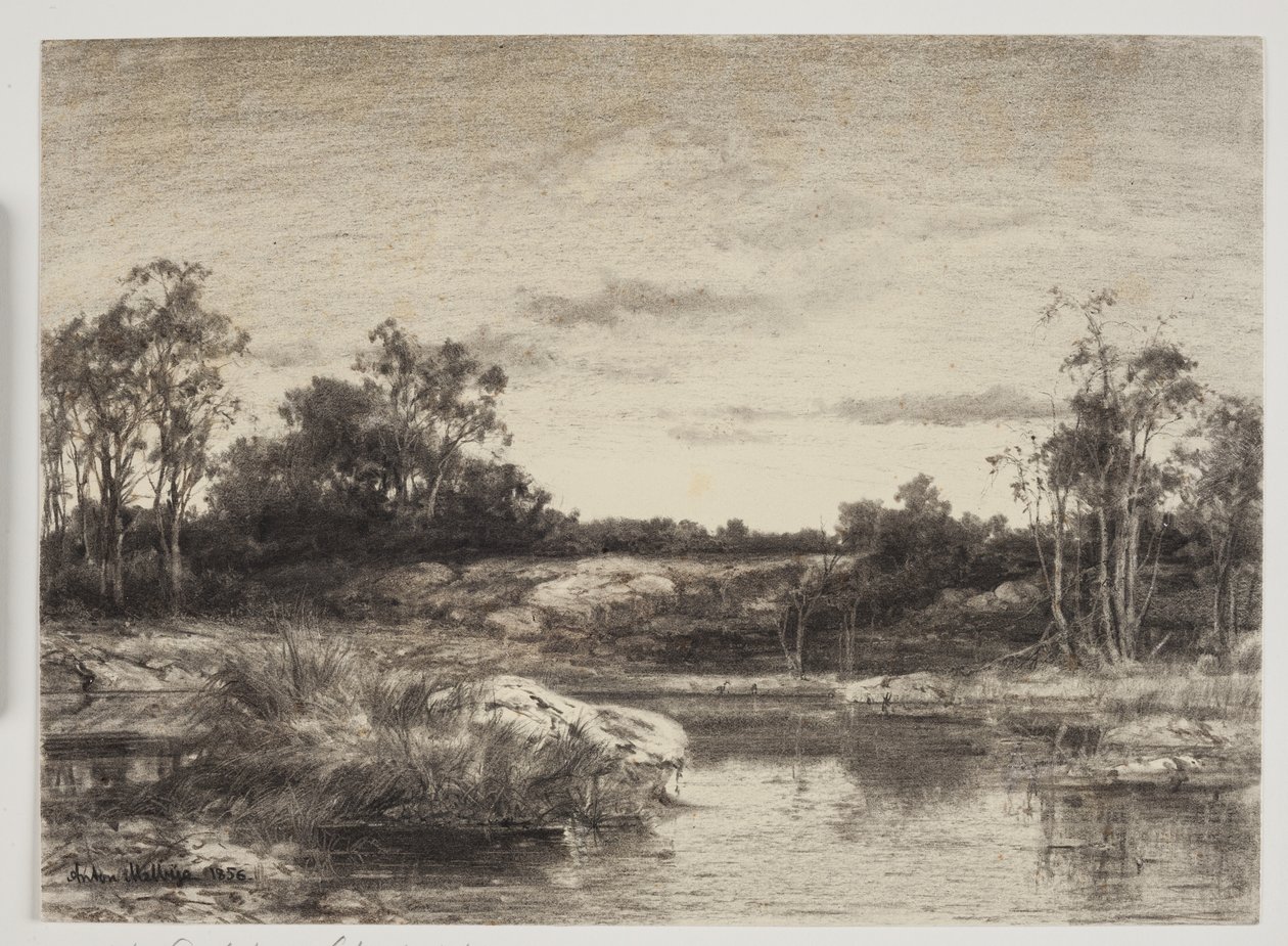 Paysage avec une rivière ou un lac au premier plan - Anton Melbye