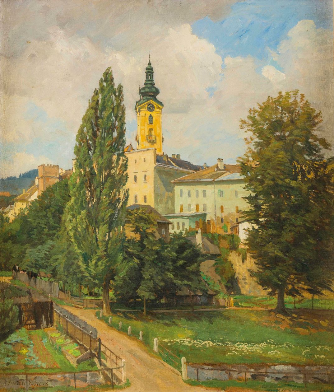 French : Motif de Freistadt avec tour de défense et église - Anton Nowak