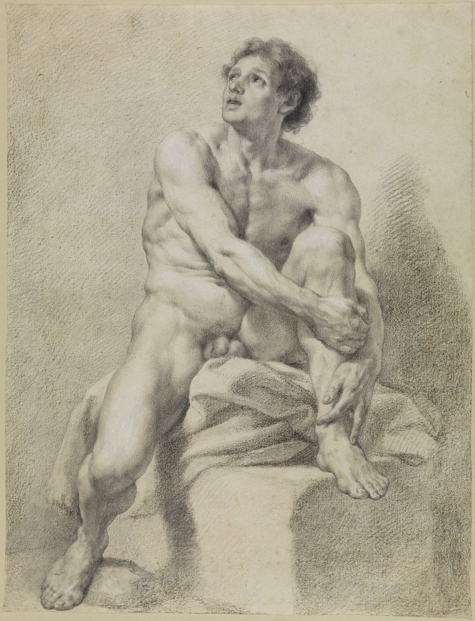 Nu masculin assis, vu à peu près de face, la jambe gauche relevée et maintenue à deux mains - Anton Raphael Mengs