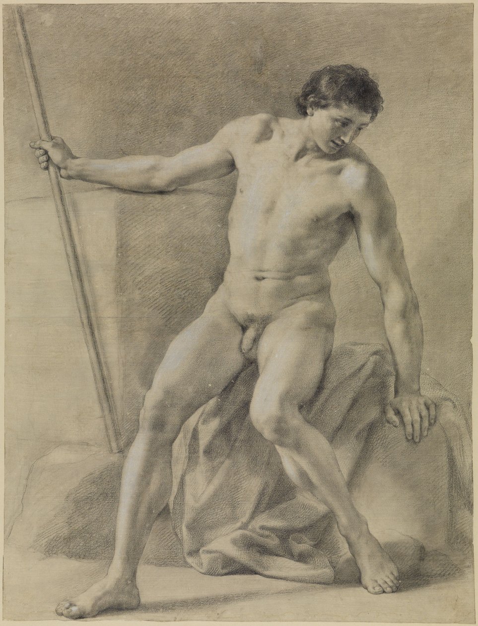 Nu masculin assis, presque de face, bâton dans la main droite, regard baissé - Anton Raphael Mengs