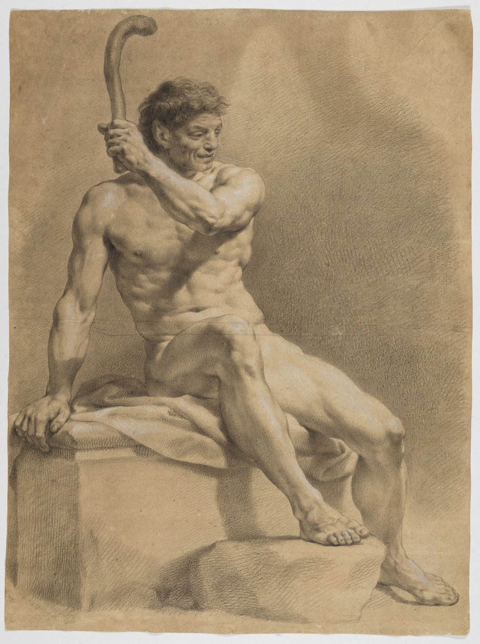 Nu masculin assis, tourné obliquement vers la droite, levant une petite massue de la main gauche - Anton Raphael Mengs