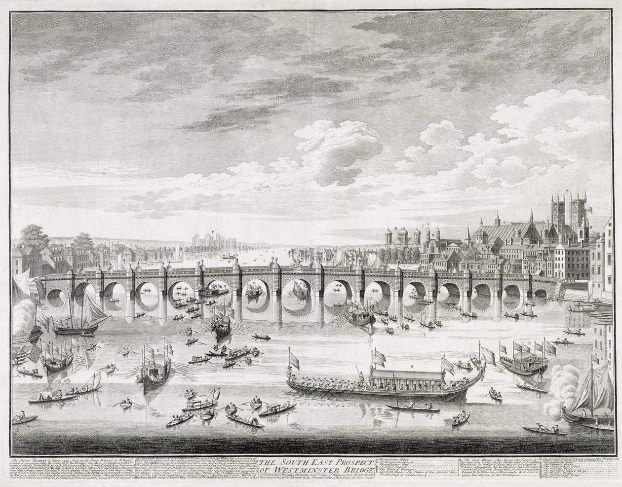 La perspective sud-est du pont de Westminster - Bateaux arrivant au Parlement pour la prestation de serment de Sir John Barnard (1685-1764) en tant que Lord Maire de la ville de Londres, 1747 - Giovanni Antonio Canal