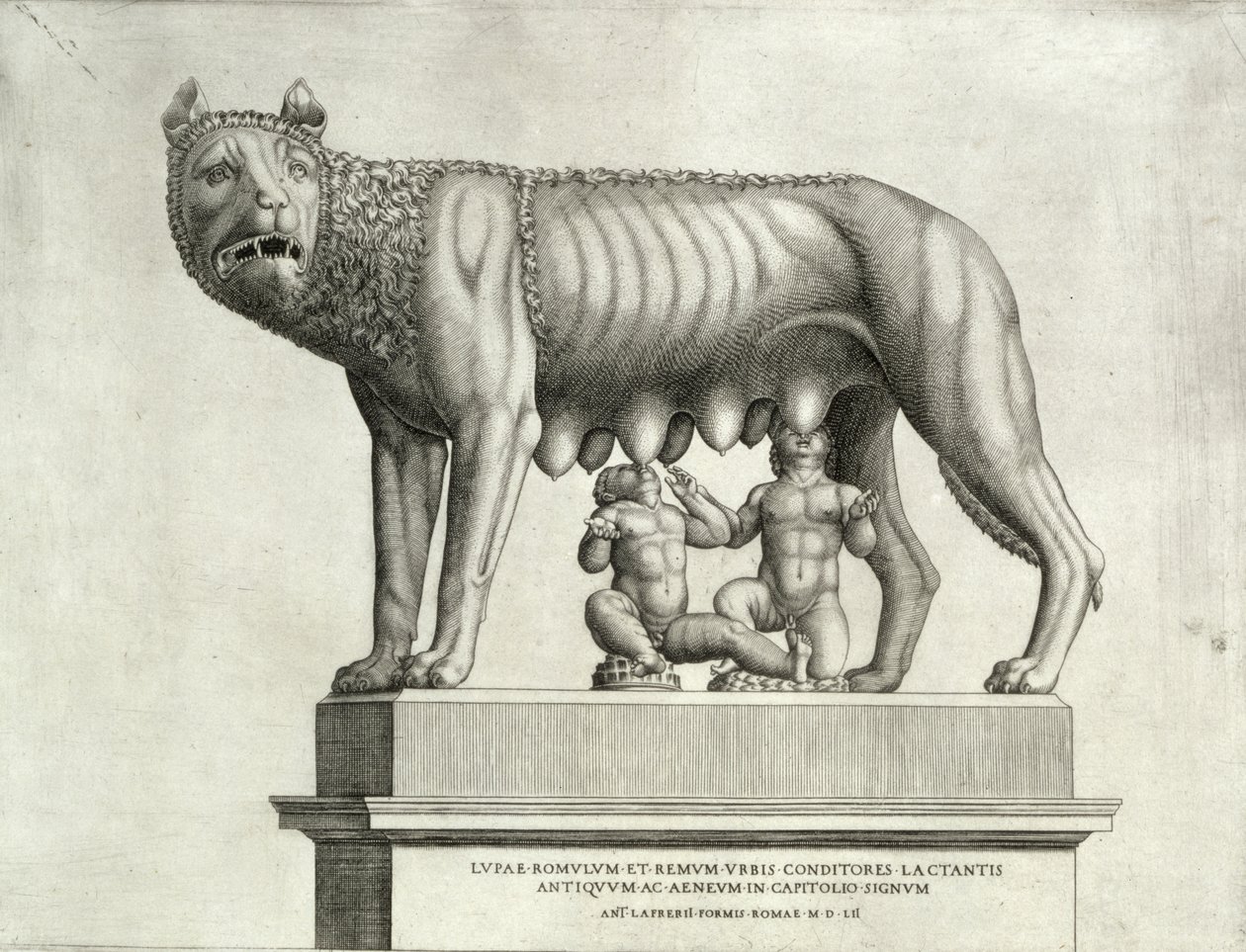 Dessin du bronze étrusque de la louve allaitant Romulus et Remus, 5e siècle av. J.-C., au musée du Capitole, 1552 - Antonio Lafreri