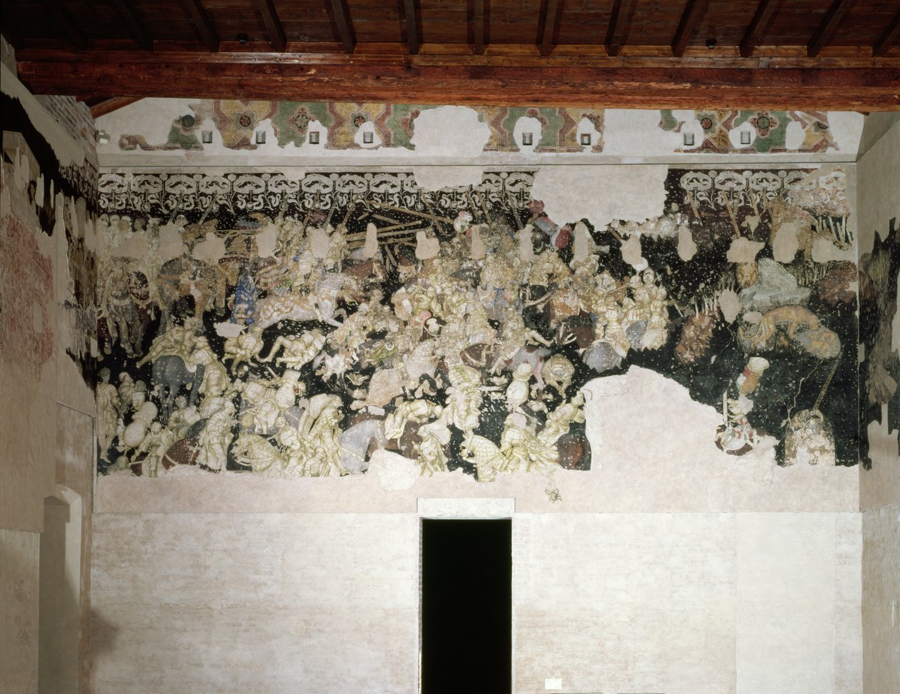 Tournoi de bataille, avec le collier SS lancastrien avec des fleurs de souci, emblème de la famille Gonzaga, dans la frise au-dessus, fragment de peinture murale de la Sala del Pisanello (anciennement Sala dei Pr) - Antonio Pisanello