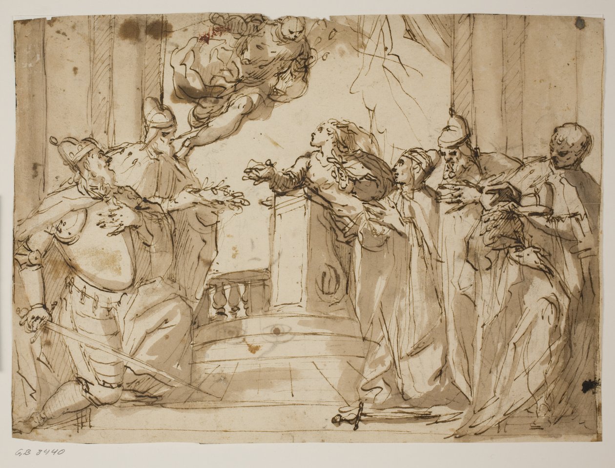 Quatre doges et un homme en manteau avec le bonnet du doge dans ses mains, avec l
