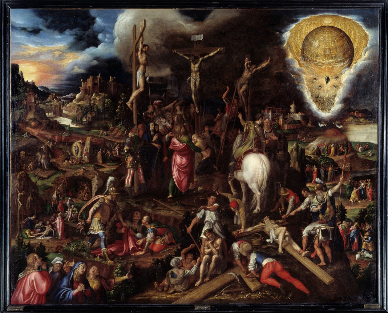 Scènes de la Passion : prière au jardin des oliviers, trahison de Judas, arrestation du Christ, Christ bafoué, montée au Calvaire, crucifixion, résurrection... - Antonio Campi