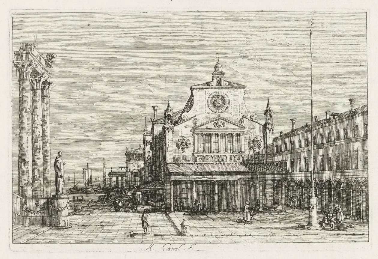 Vues : Trois colonnes et une statue sur la côte - Antonio Canaletto