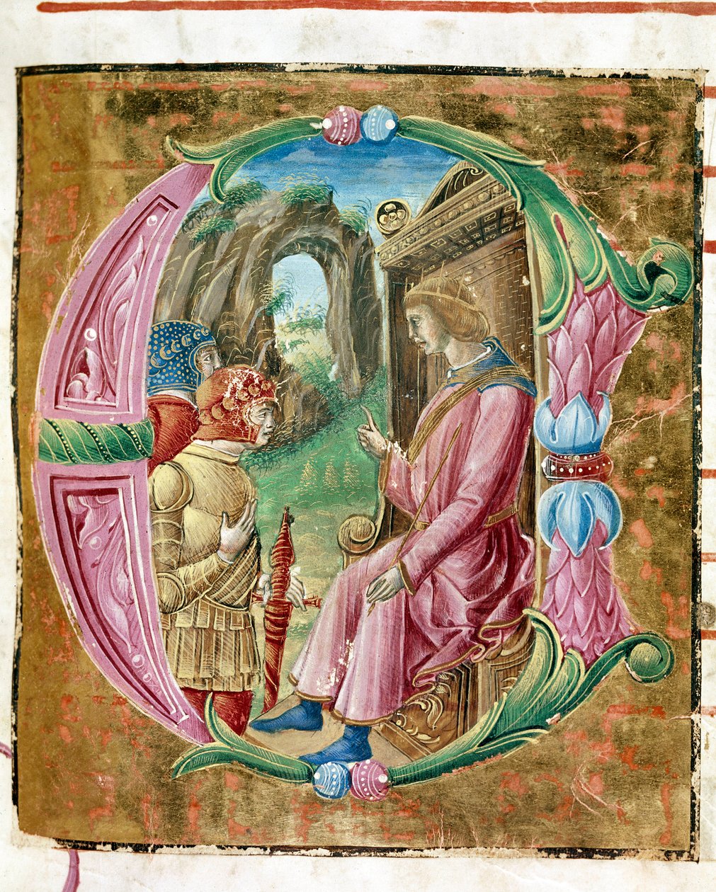 Hérode Ier le Grand (73-4 av. J.-C.) ordonnant le massacre des innocents. Lettrine illuminée par Antonio Cicognari. Détail d
