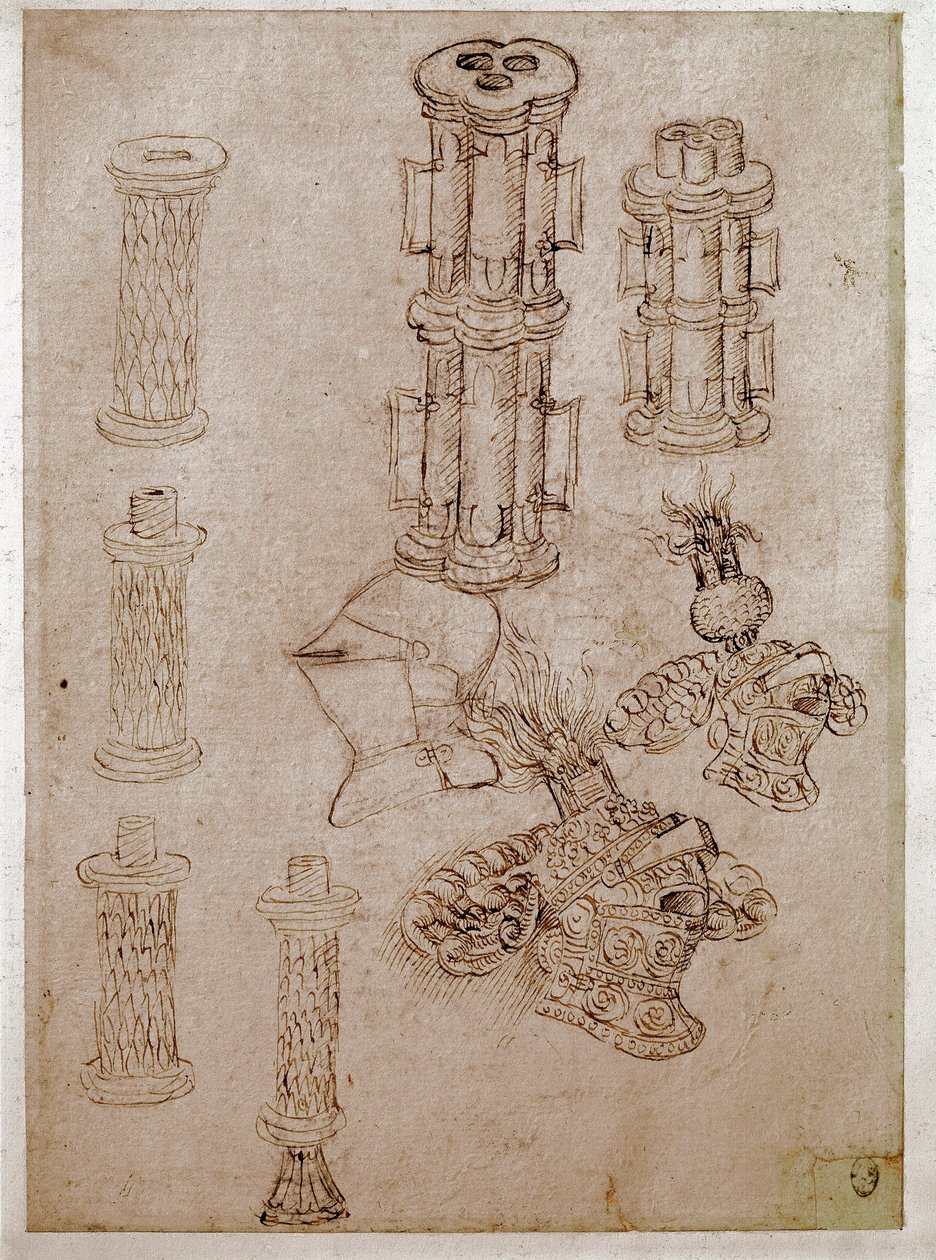 Trois casques surmontés de cimiers et deux pièces de canons démantelés - Antonio Pisanello